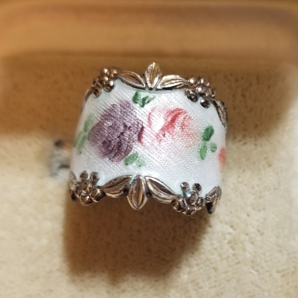 ANTIQUE Sterling Enameled Flower Ring Band